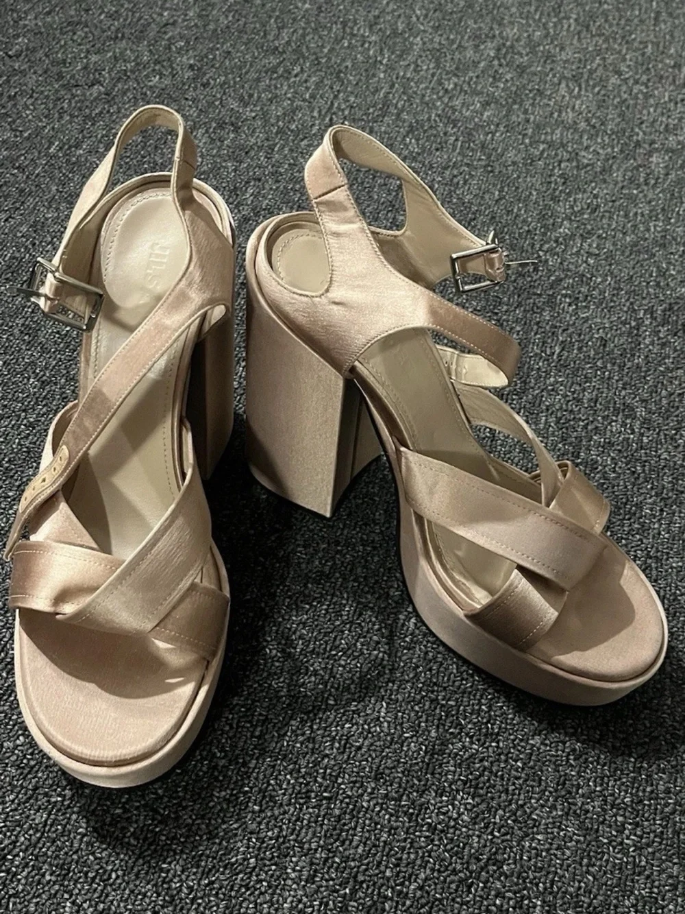 Jil Sander Champagne Satin Platform Sandals Ankle Strap 38.5 US 8